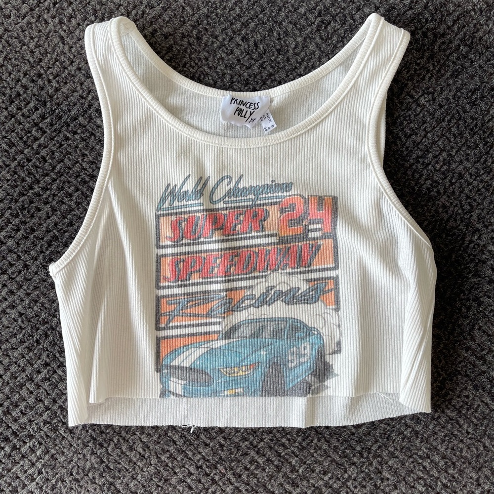 Princess Polly White Ribbed Graphic Tank Top with Blue & Orange Print